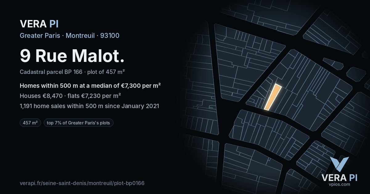 9 Rue Malot, Montreuil at night – the plot lit, the parcels around coloured by the prices near them