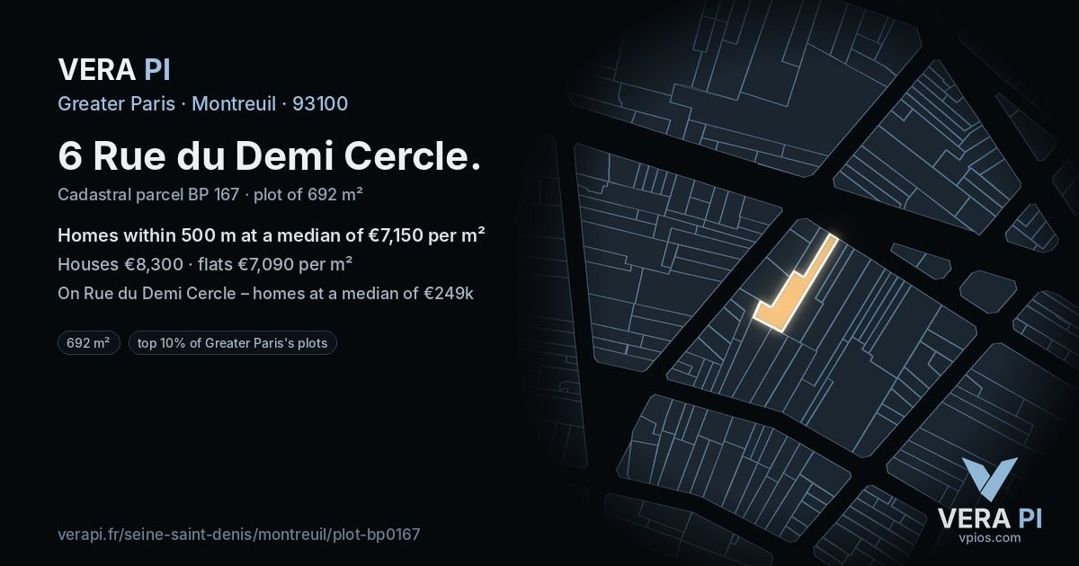 6 Rue du Demi Cercle, Montreuil at night – the plot lit, the parcels around coloured by the prices near them