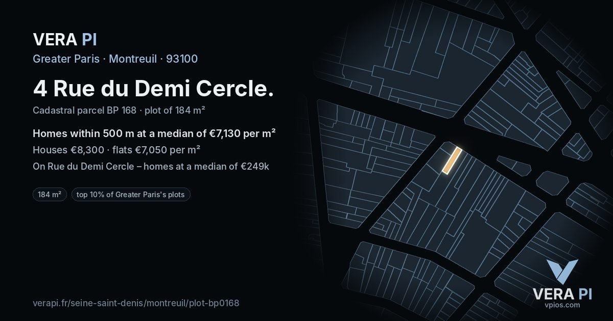 4 Rue du Demi Cercle, Montreuil at night – the plot lit, the parcels around coloured by the prices near them