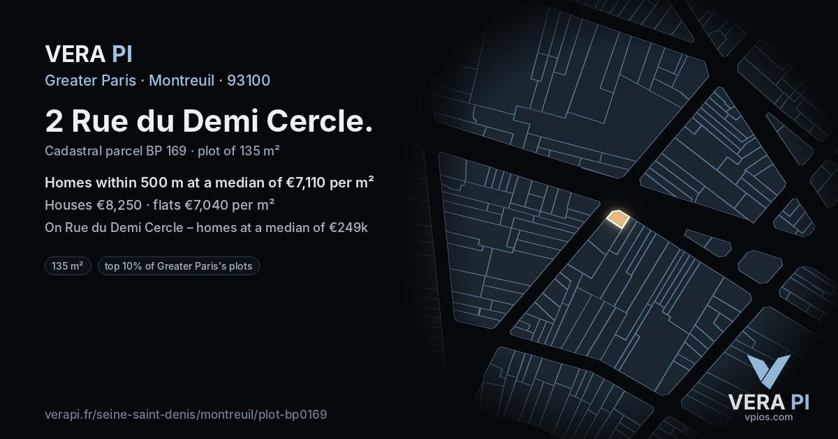 2 Rue du Demi Cercle, Montreuil at night – the plot lit, the parcels around coloured by the prices near them