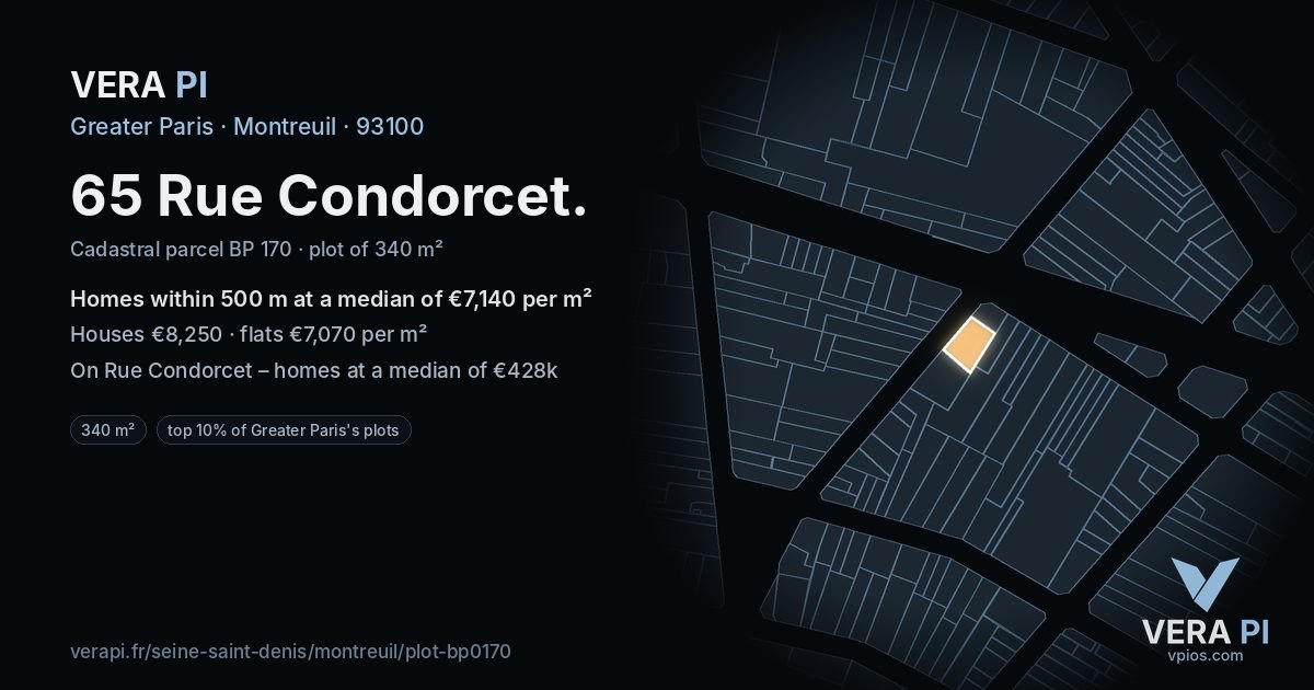 65 Rue Condorcet, Montreuil at night – the plot lit, the parcels around coloured by the prices near them