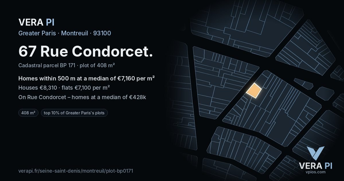67 Rue Condorcet, Montreuil at night – the plot lit, the parcels around coloured by the prices near them