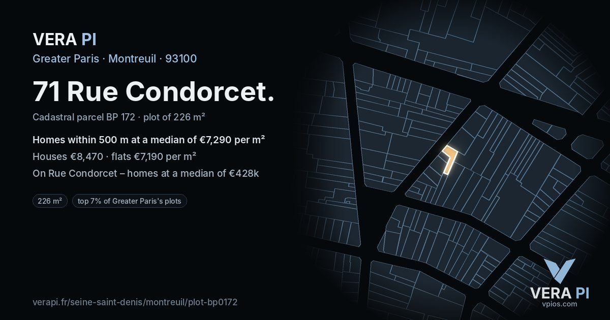 71 Rue Condorcet, Montreuil at night – the plot lit, the parcels around coloured by the prices near them
