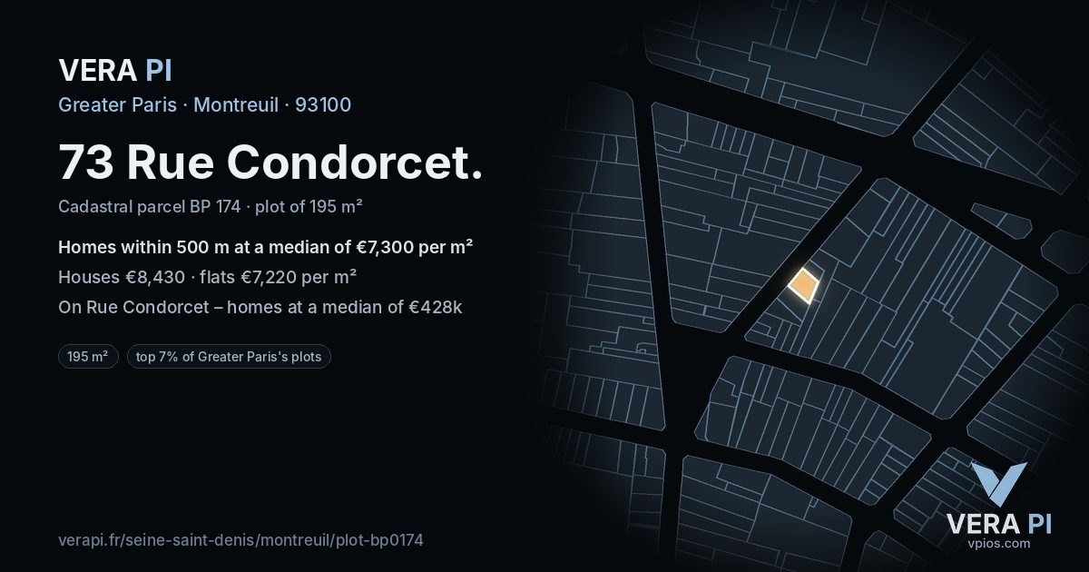 73 Rue Condorcet, Montreuil at night – the plot lit, the parcels around coloured by the prices near them
