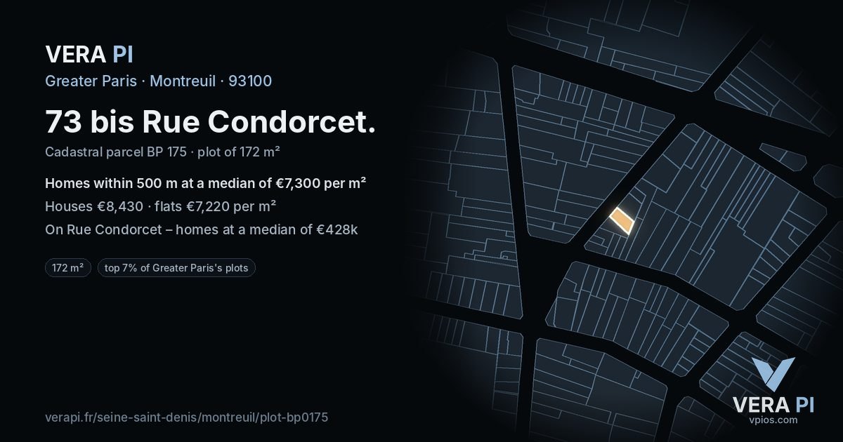 73 bis Rue Condorcet, Montreuil at night – the plot lit, the parcels around coloured by the prices near them