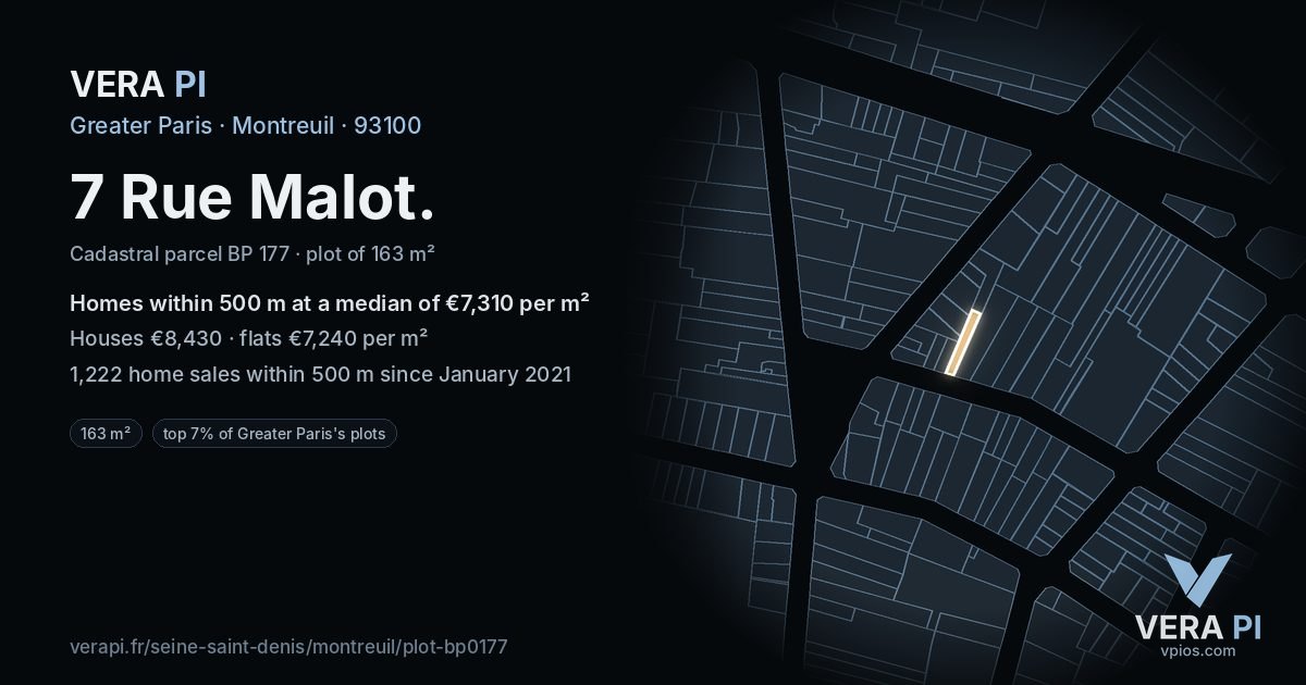 7 Rue Malot, Montreuil at night – the plot lit, the parcels around coloured by the prices near them