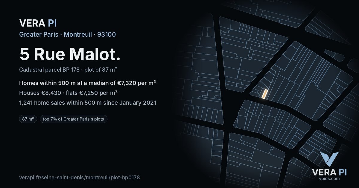 5 Rue Malot, Montreuil at night – the plot lit, the parcels around coloured by the prices near them