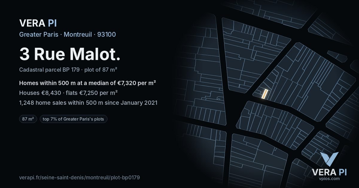 3 Rue Malot, Montreuil at night – the plot lit, the parcels around coloured by the prices near them
