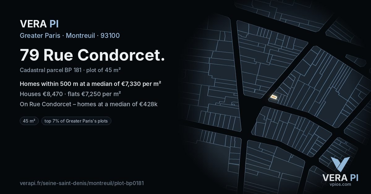 79 Rue Condorcet, Montreuil at night – the plot lit, the parcels around coloured by the prices near them
