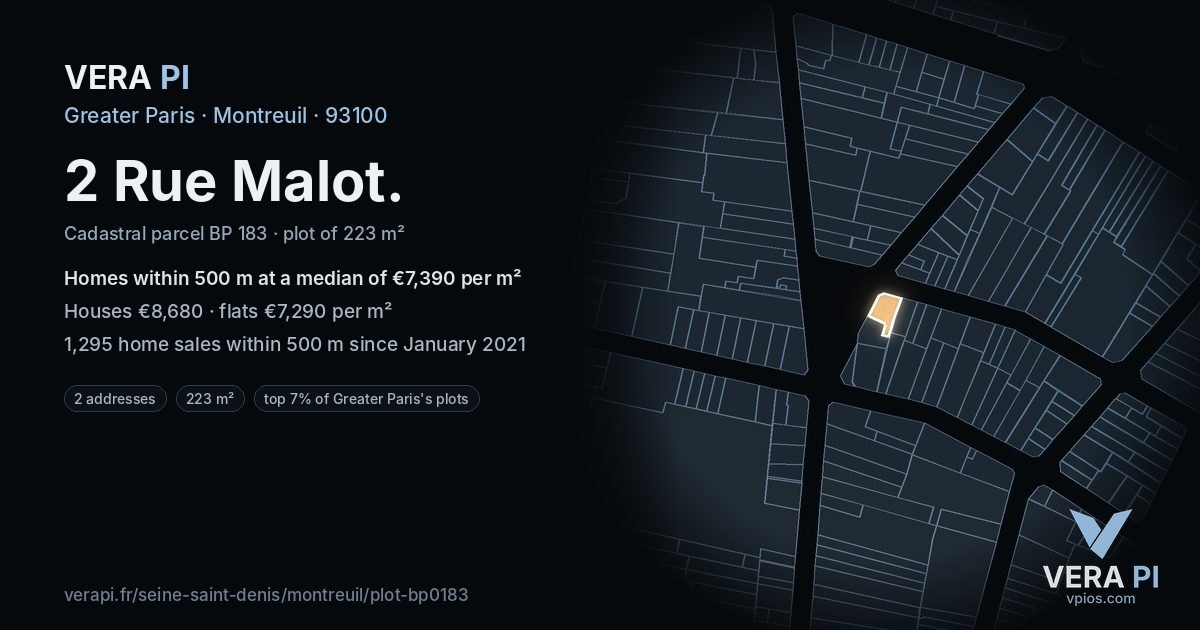 2 Rue Malot, Montreuil at night – the plot lit, the parcels around coloured by the prices near them