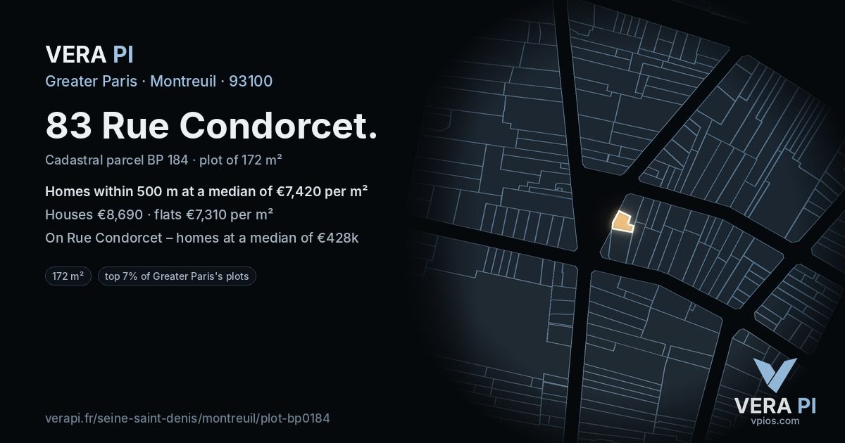83 Rue Condorcet, Montreuil at night – the plot lit, the parcels around coloured by the prices near them
