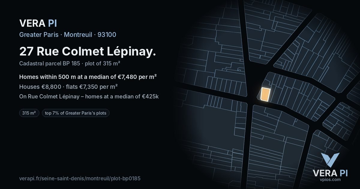 27 Rue Colmet Lépinay, Montreuil at night – the plot lit, the parcels around coloured by the prices near them