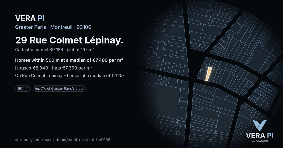 29 Rue Colmet Lépinay, Montreuil at night – the plot lit, the parcels around coloured by the prices near them