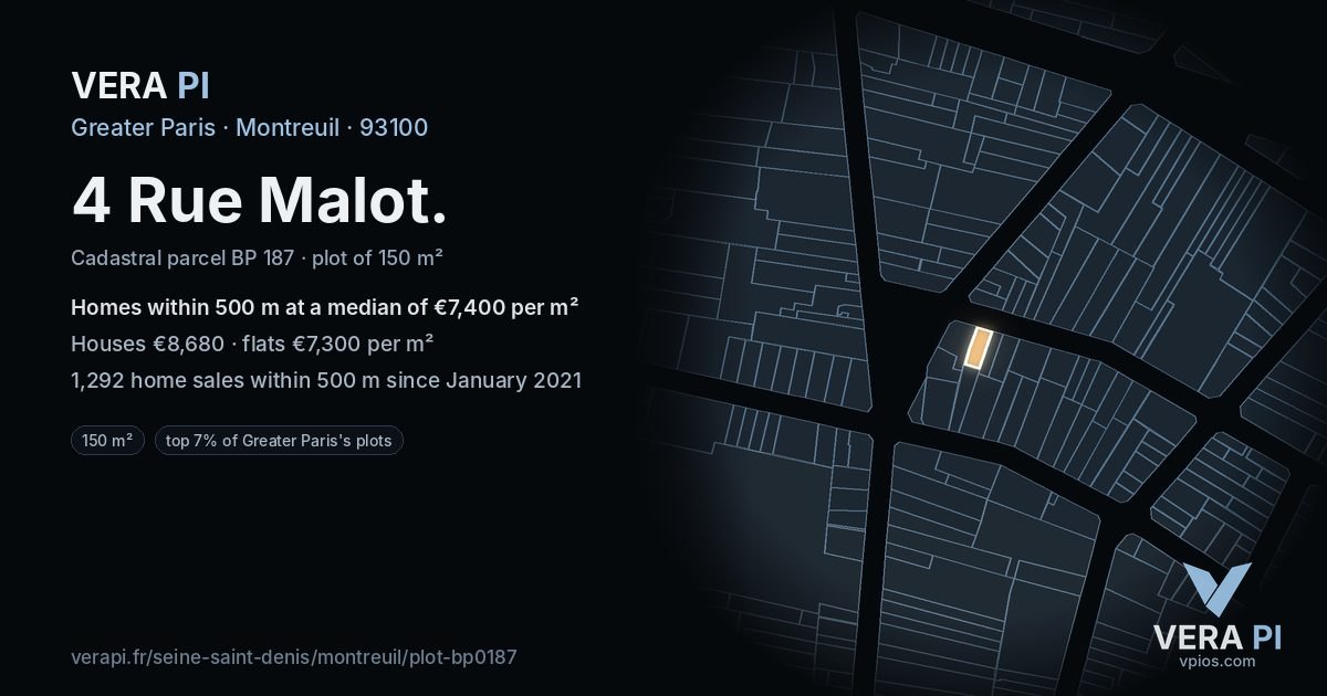4 Rue Malot, Montreuil at night – the plot lit, the parcels around coloured by the prices near them