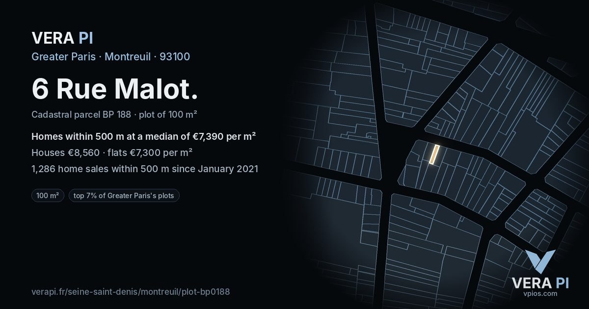 6 Rue Malot, Montreuil at night – the plot lit, the parcels around coloured by the prices near them