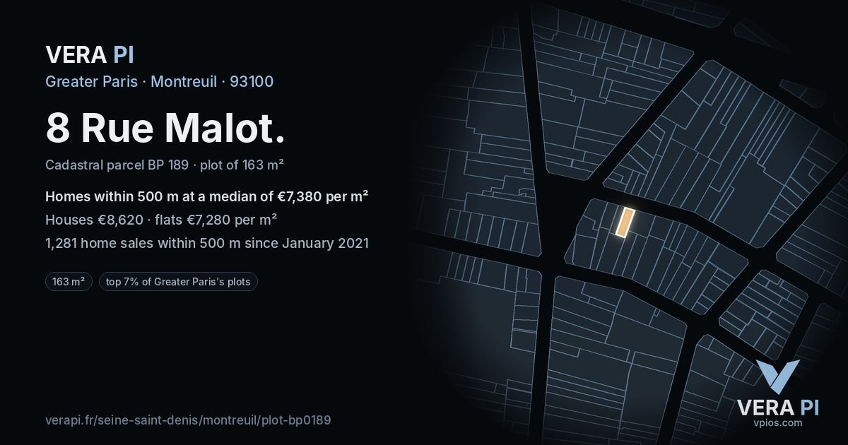 8 Rue Malot, Montreuil at night – the plot lit, the parcels around coloured by the prices near them