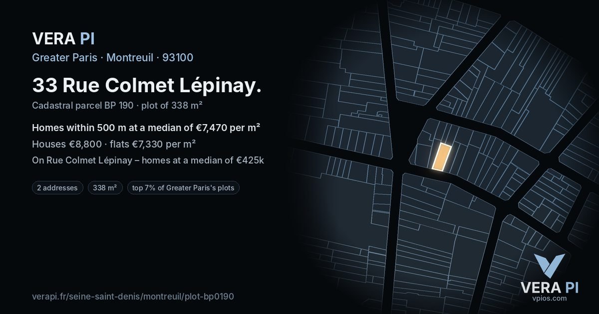 33 Rue Colmet Lépinay, Montreuil at night – the plot lit, the parcels around coloured by the prices near them