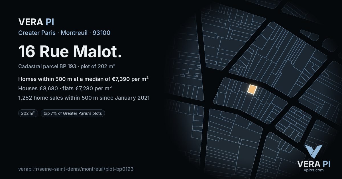 16 Rue Malot, Montreuil at night – the plot lit, the parcels around coloured by the prices near them