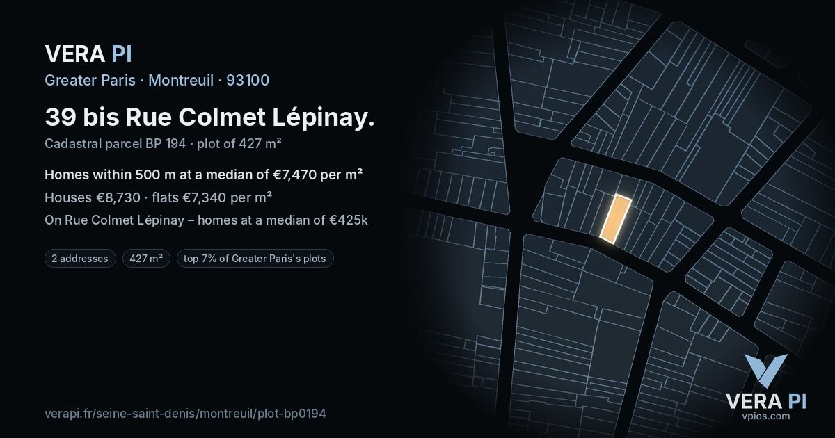 39 bis Rue Colmet Lépinay, Montreuil at night – the plot lit, the parcels around coloured by the prices near them