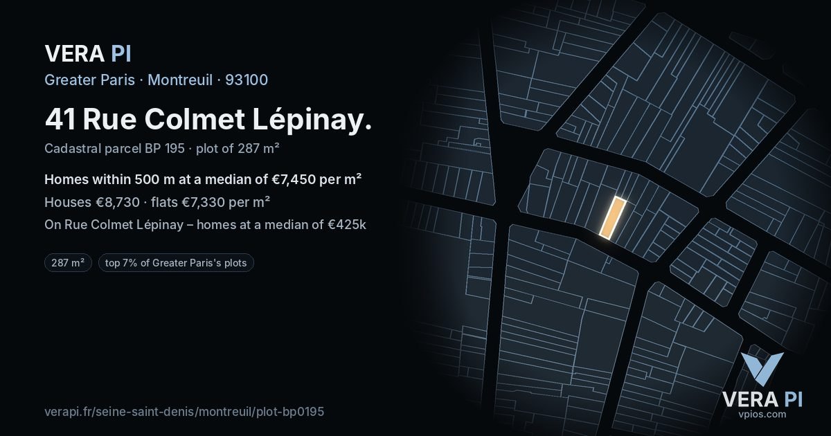 41 Rue Colmet Lépinay, Montreuil at night – the plot lit, the parcels around coloured by the prices near them