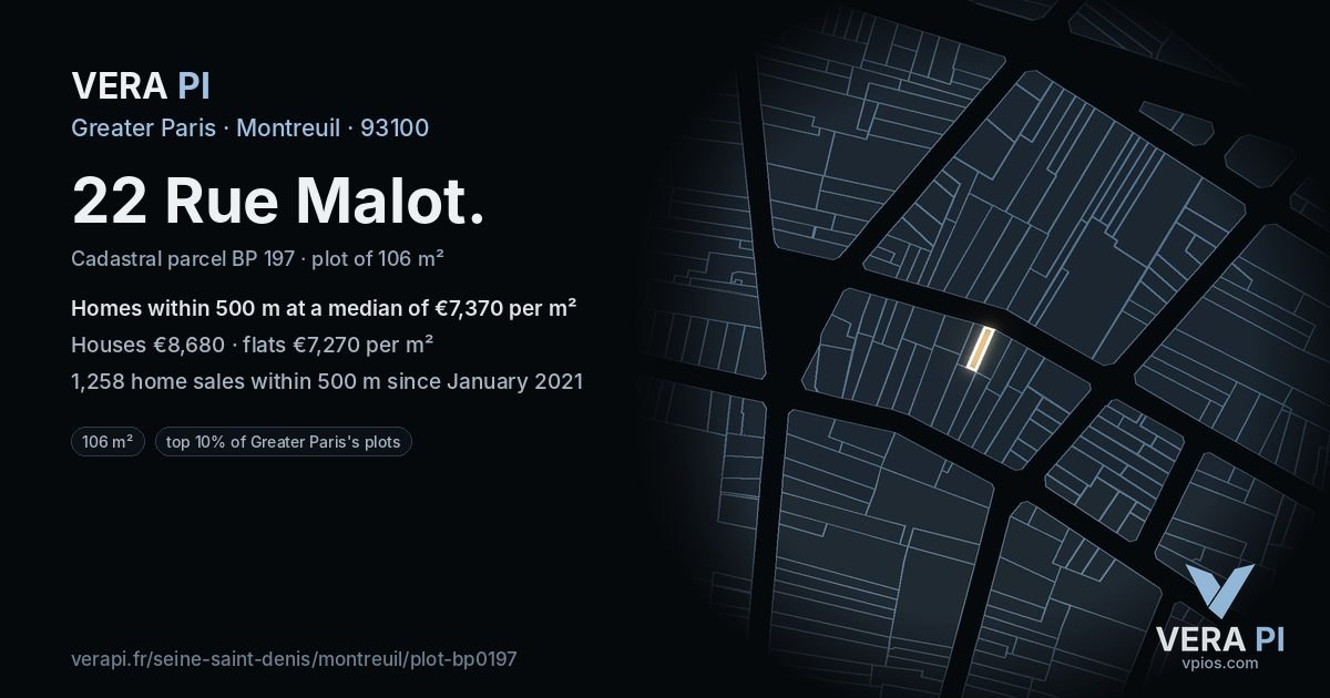 22 Rue Malot, Montreuil at night – the plot lit, the parcels around coloured by the prices near them