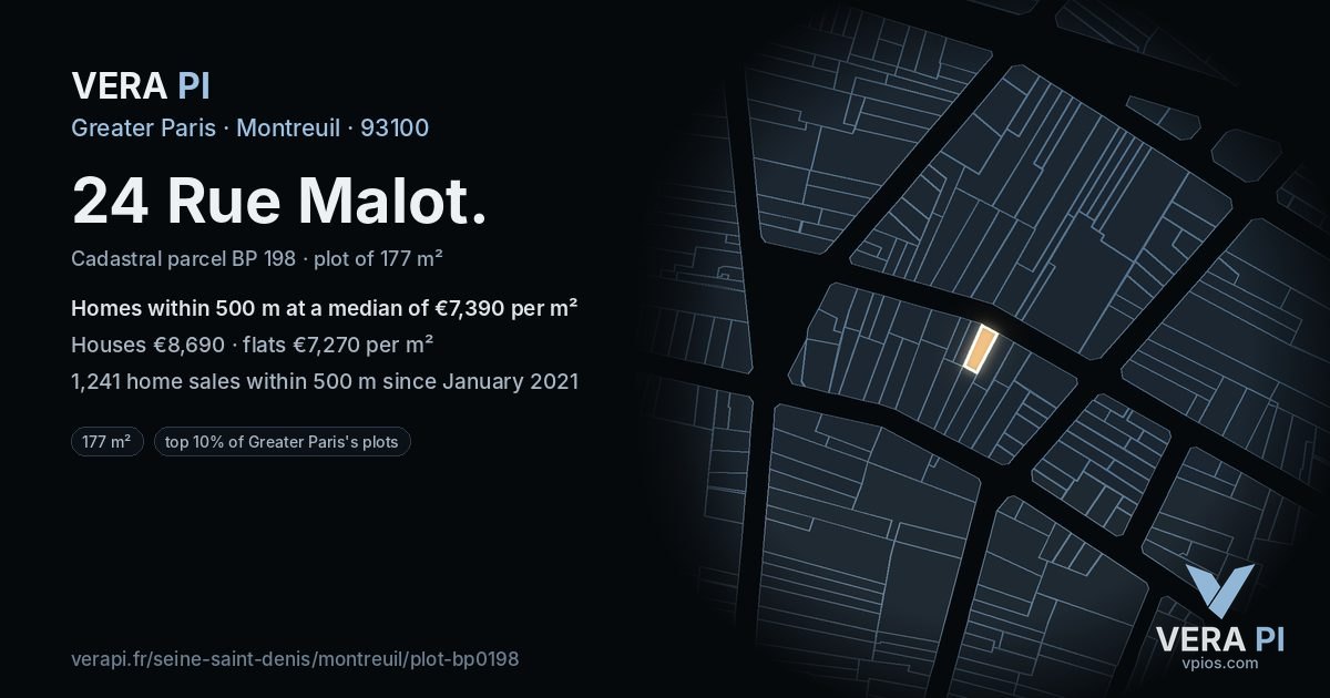 24 Rue Malot, Montreuil at night – the plot lit, the parcels around coloured by the prices near them