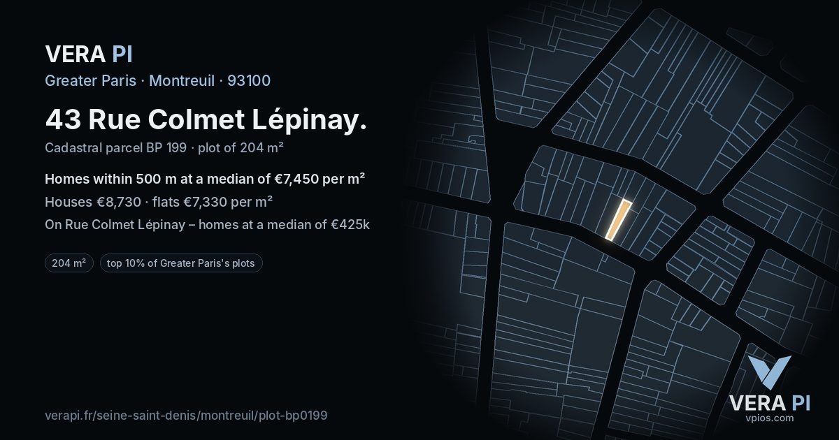43 Rue Colmet Lépinay, Montreuil at night – the plot lit, the parcels around coloured by the prices near them