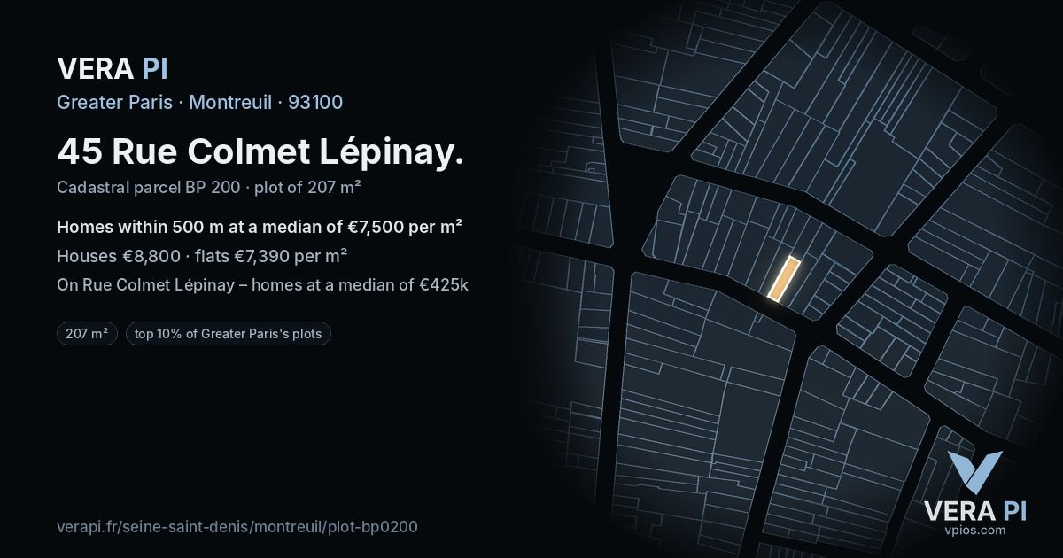 45 Rue Colmet Lépinay, Montreuil at night – the plot lit, the parcels around coloured by the prices near them