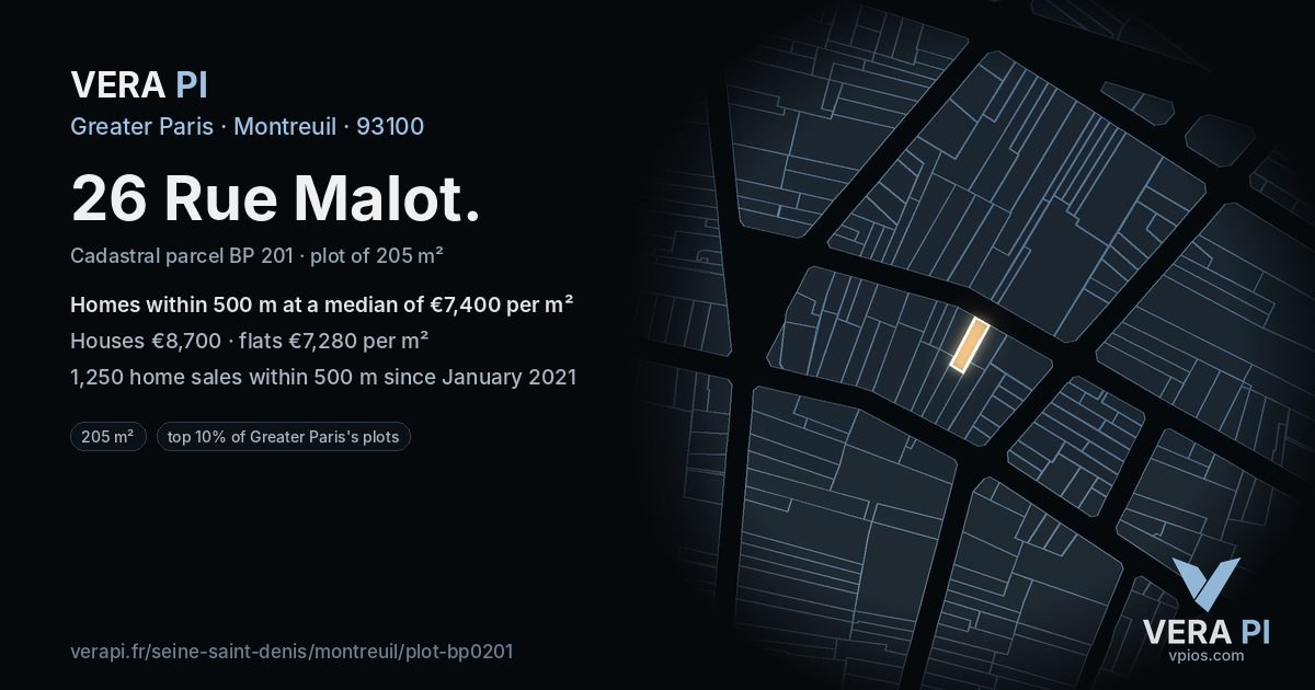 26 Rue Malot, Montreuil at night – the plot lit, the parcels around coloured by the prices near them