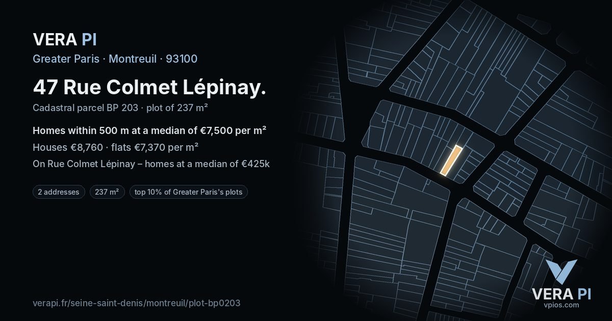 47 Rue Colmet Lépinay, Montreuil at night – the plot lit, the parcels around coloured by the prices near them