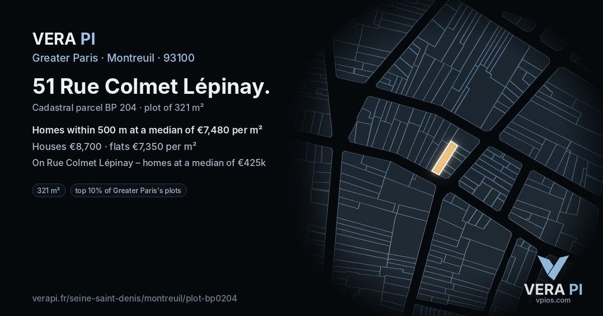 51 Rue Colmet Lépinay, Montreuil at night – the plot lit, the parcels around coloured by the prices near them