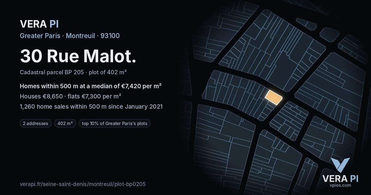30 Rue Malot, Montreuil at night – the plot lit, the parcels around coloured by the prices near them