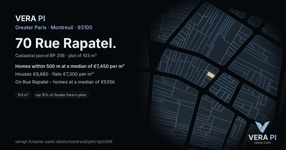 70 Rue Rapatel, Montreuil at night – the plot lit, the parcels around coloured by the prices near them