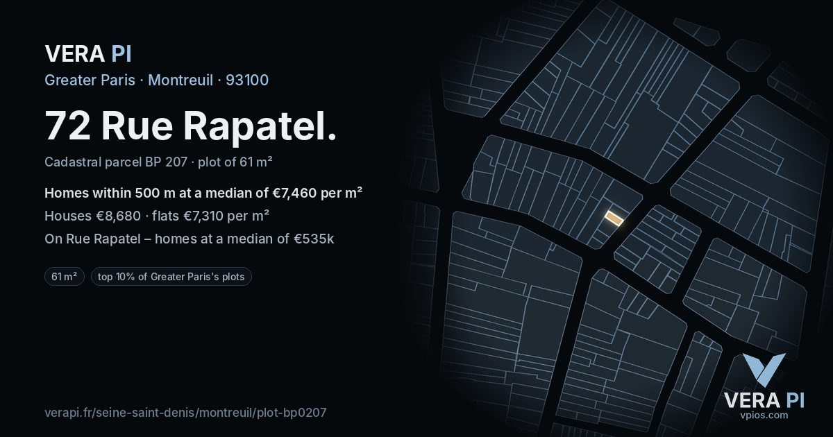 72 Rue Rapatel, Montreuil at night – the plot lit, the parcels around coloured by the prices near them