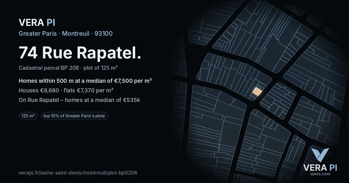74 Rue Rapatel, Montreuil at night – the plot lit, the parcels around coloured by the prices near them