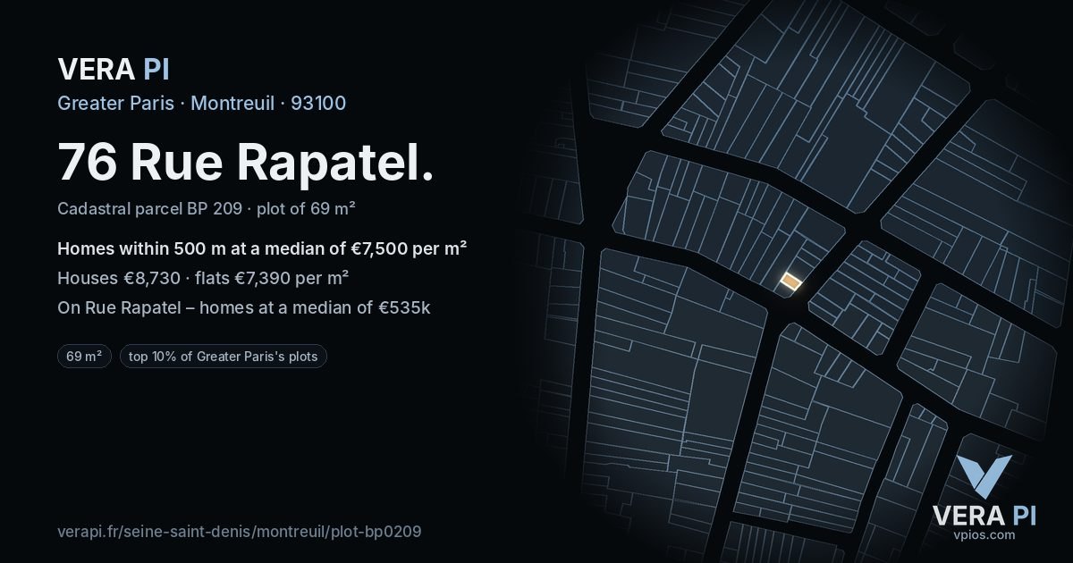 76 Rue Rapatel, Montreuil at night – the plot lit, the parcels around coloured by the prices near them