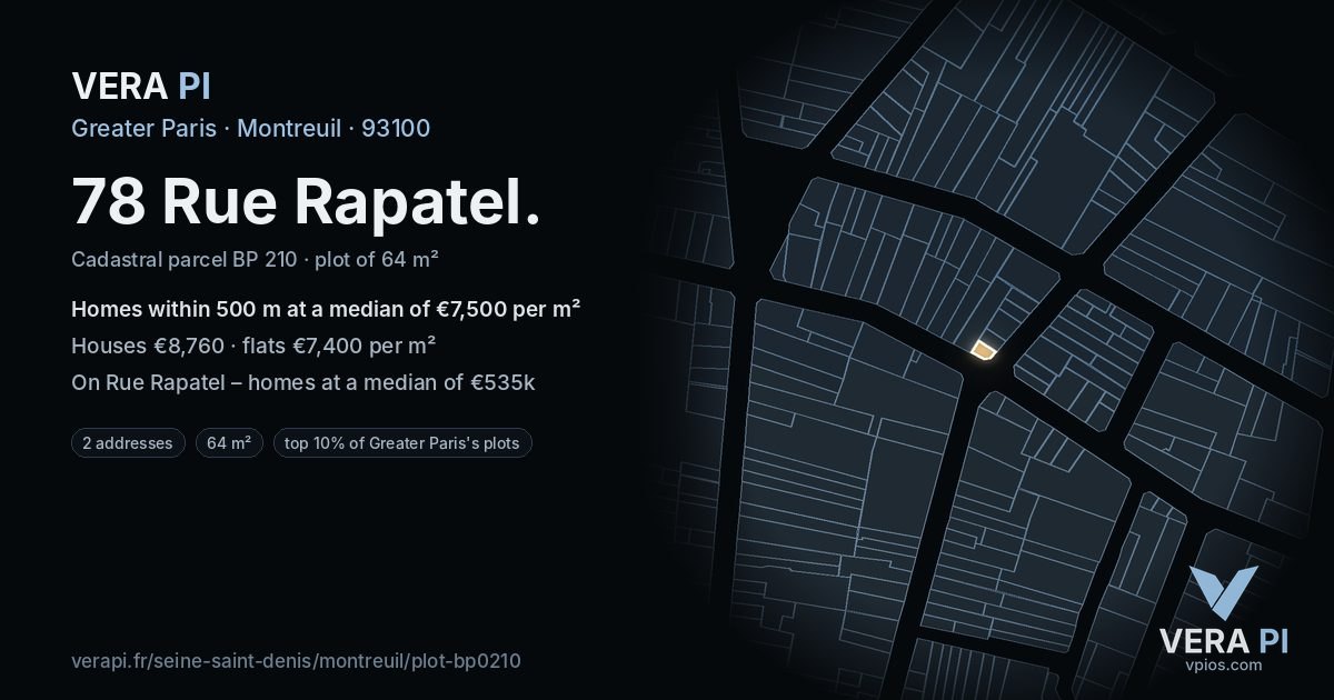 78 Rue Rapatel, Montreuil at night – the plot lit, the parcels around coloured by the prices near them