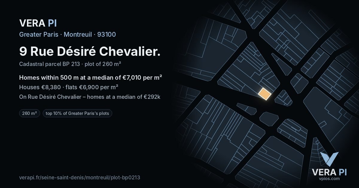 9 Rue Désiré Chevalier, Montreuil at night – the plot lit, the parcels around coloured by the prices near them
