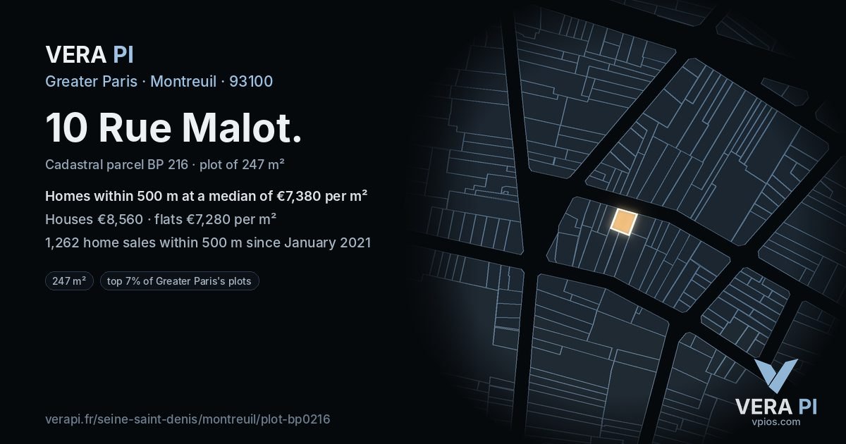 10 Rue Malot, Montreuil at night – the plot lit, the parcels around coloured by the prices near them