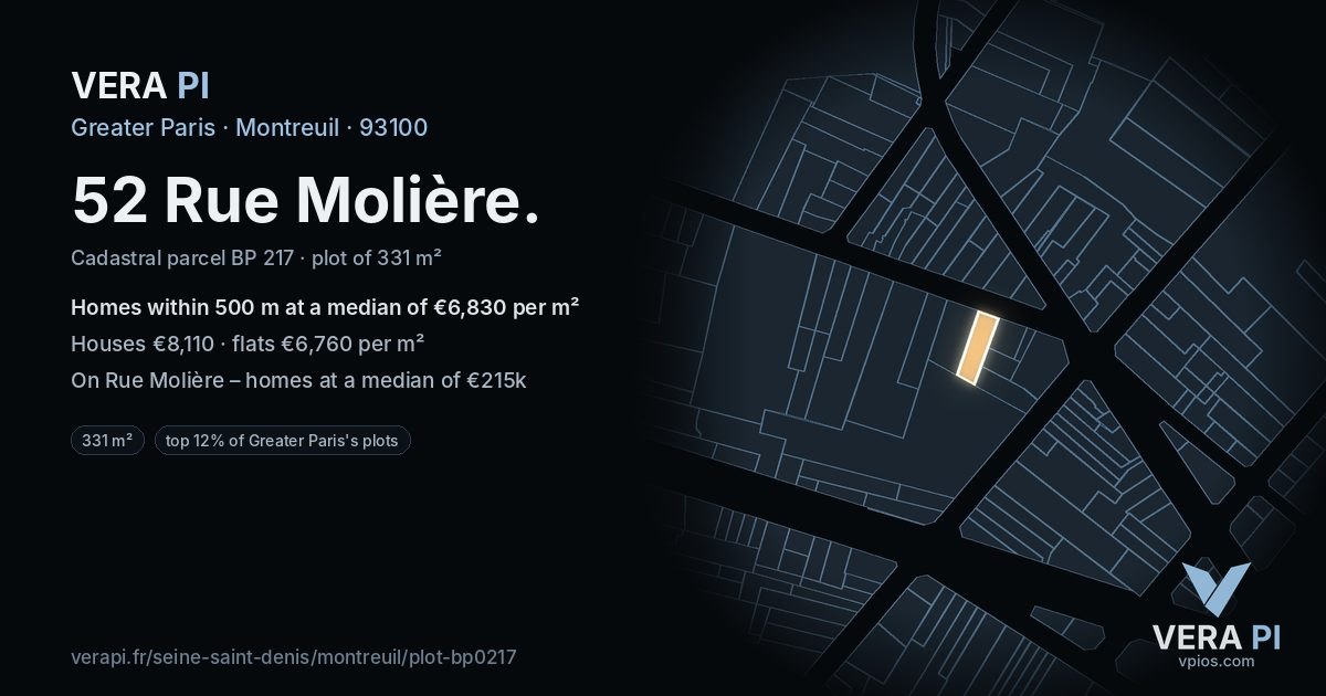 52 Rue Molière, Montreuil at night – the plot lit, the parcels around coloured by the prices near them