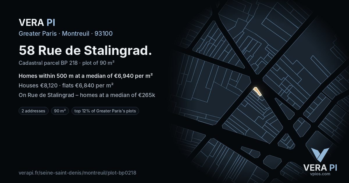 58 Rue de Stalingrad, Montreuil at night – the plot lit, the parcels around coloured by the prices near them