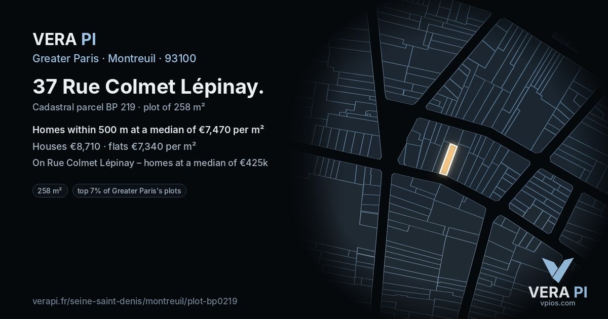 37 Rue Colmet Lépinay, Montreuil at night – the plot lit, the parcels around coloured by the prices near them