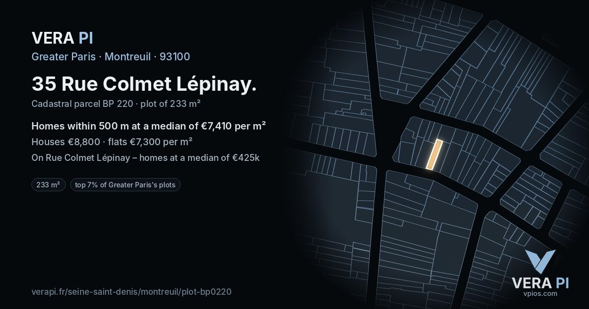 35 Rue Colmet Lépinay, Montreuil at night – the plot lit, the parcels around coloured by the prices near them