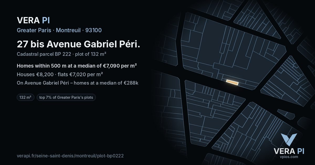 27 bis Avenue Gabriel Péri, Montreuil at night – the plot lit, the parcels around coloured by the prices near them