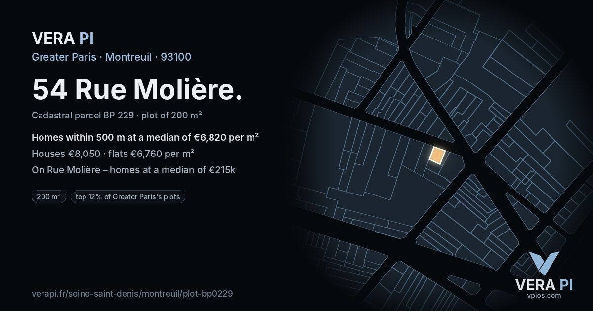 54 Rue Molière, Montreuil at night – the plot lit, the parcels around coloured by the prices near them