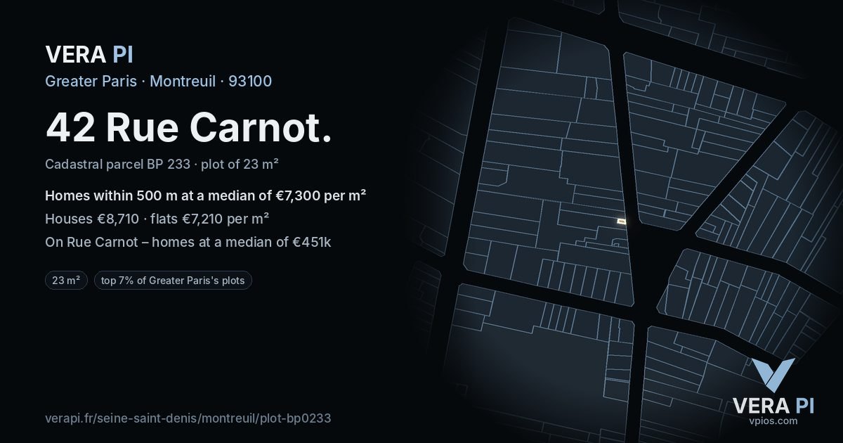 42 Rue Carnot, Montreuil at night – the plot lit, the parcels around coloured by the prices near them