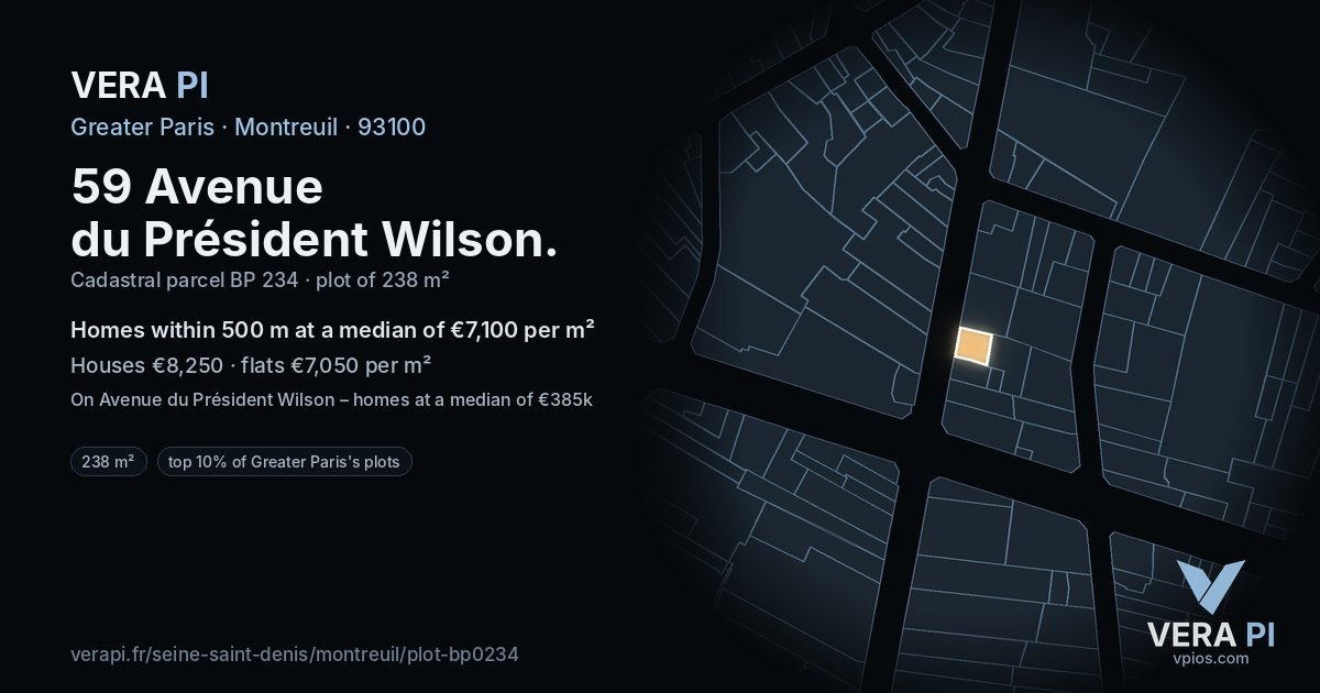 59 Avenue du Président Wilson, Montreuil at night – the plot lit, the parcels around coloured by the prices near them