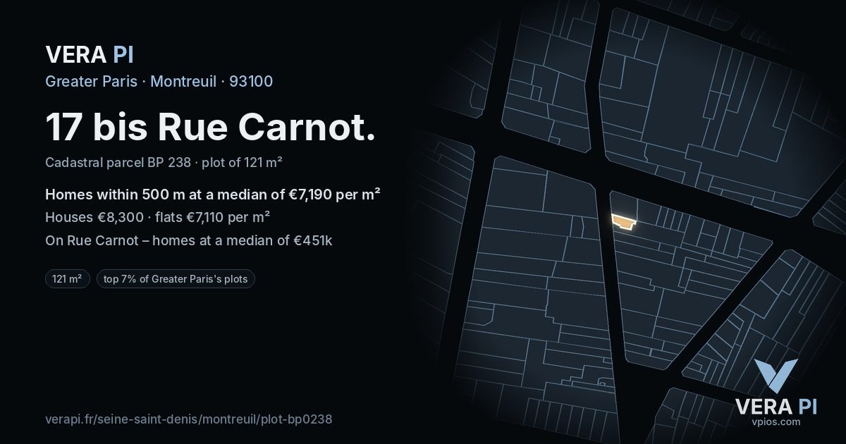 17 bis Rue Carnot, Montreuil at night – the plot lit, the parcels around coloured by the prices near them