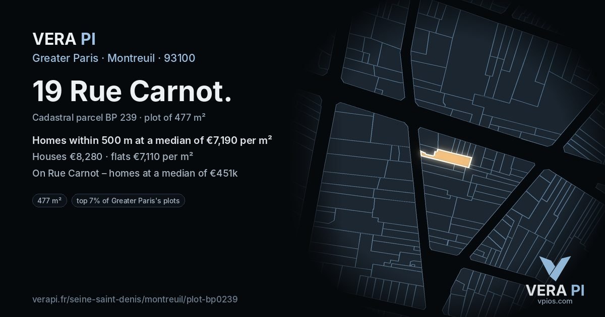 19 Rue Carnot, Montreuil at night – the plot lit, the parcels around coloured by the prices near them