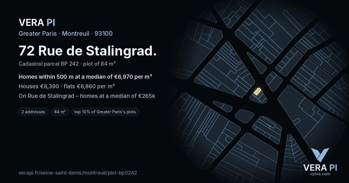 72 Rue de Stalingrad, Montreuil at night – the plot lit, the parcels around coloured by the prices near them